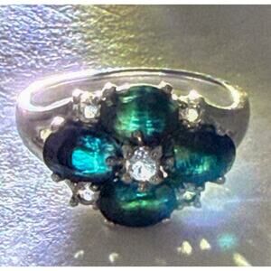 925 Sterling Silver Ring w Natural Sapphire, Aquamarine & Diamond Cluster Sz9.75